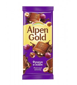 85გრ. თხილით და ქიშმიშით, შოკოლადის ფილა, პლიტკა, შოკოლადი, Alpen Gold, ალპენ გოლდი. შოკოლადები, ტკბილეული.